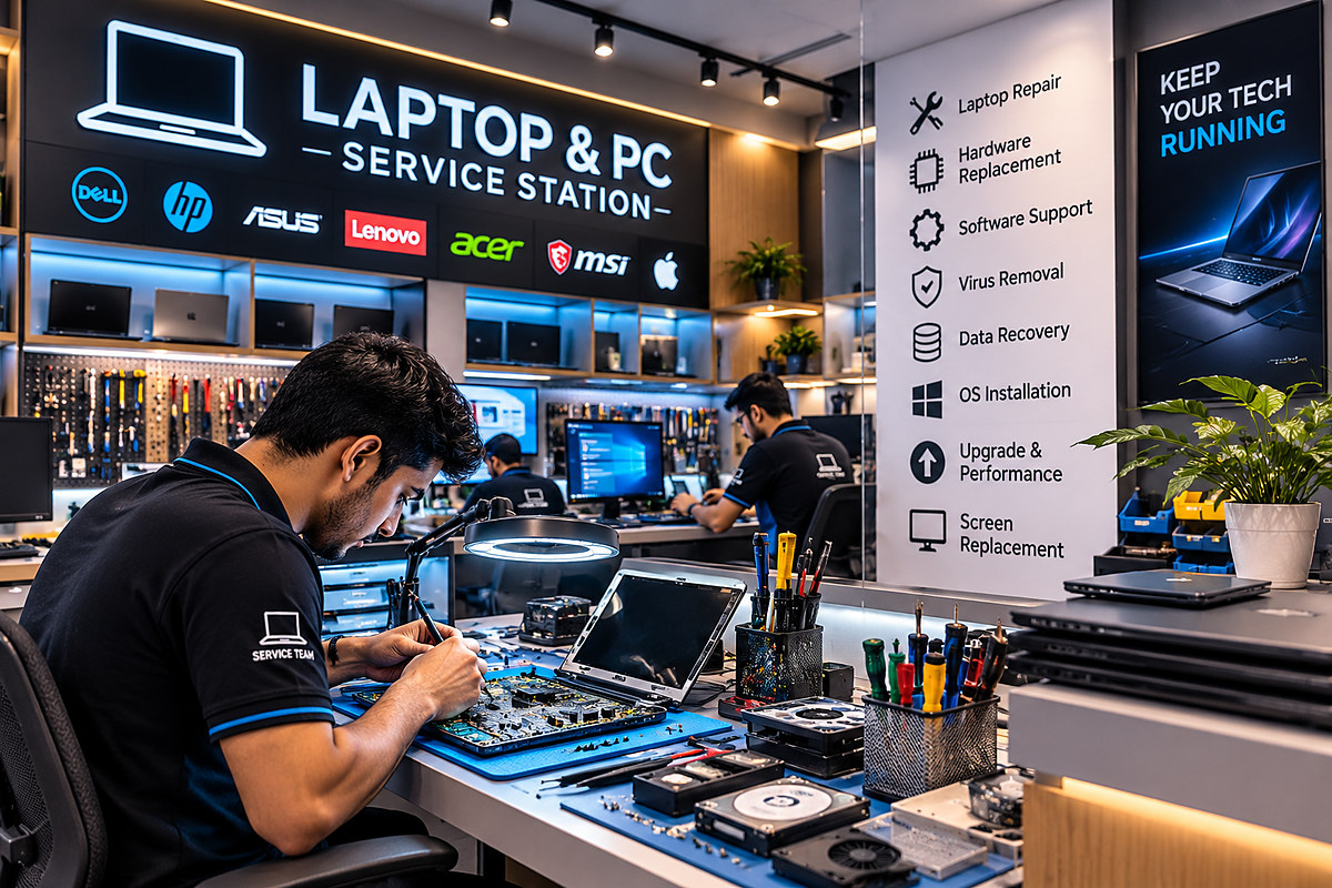 Technician diagnosing a computer motherboard in the workshop