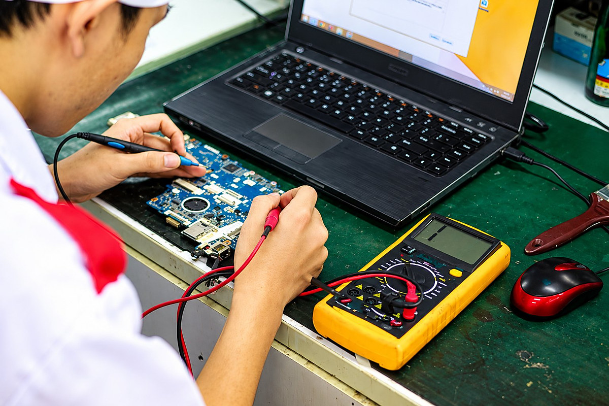 Technician testing a laptop motherboard with a multimeter